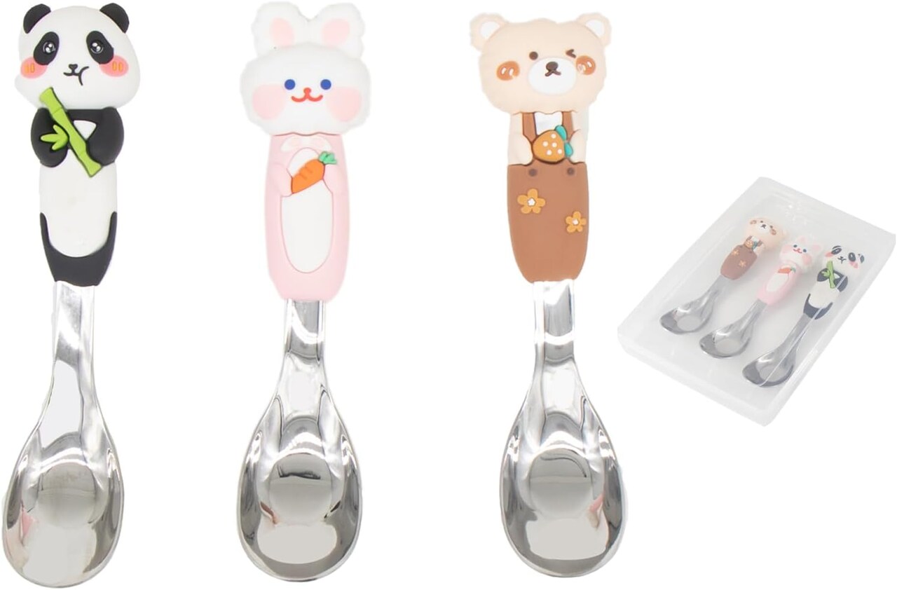 18/8 stainless steel children's spoon set with storage box, silicone animal shaped handle, BPA free children's travel silverware suitable for children aged 3-6 as Christmas gifts